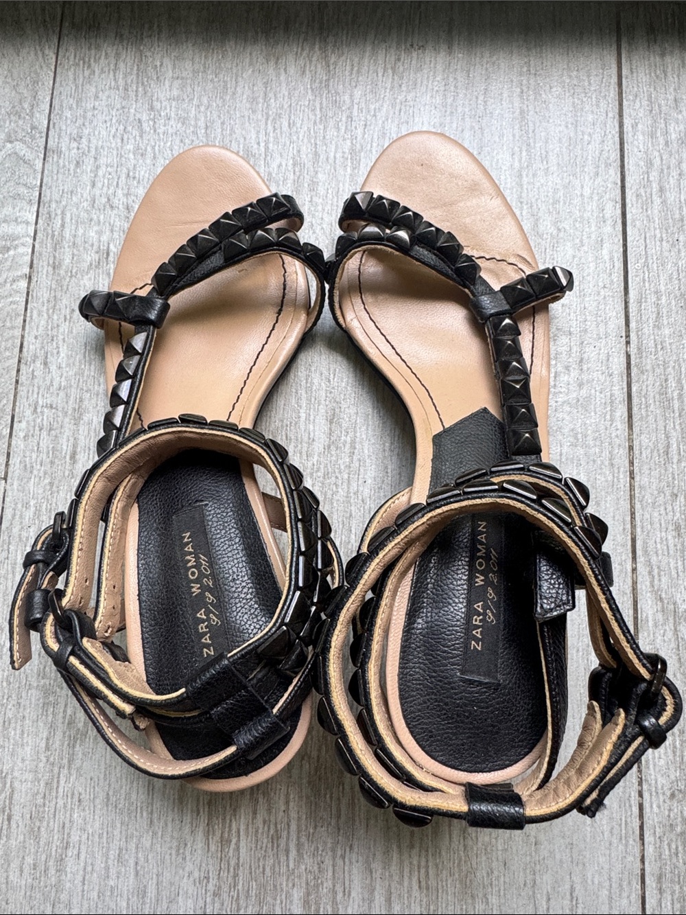 Zara Black Studded T-Strap Ankle Sandals size 37 Heels - Picture 8 of 10